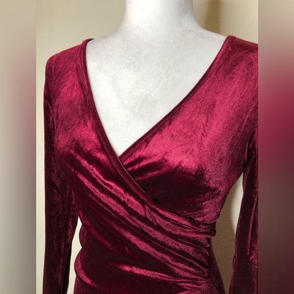 Zaberry Wine Red Velour Velvet Wrap Stretch Mermaid Midi Dress Valentine’s Day - Picture 6 of 14
